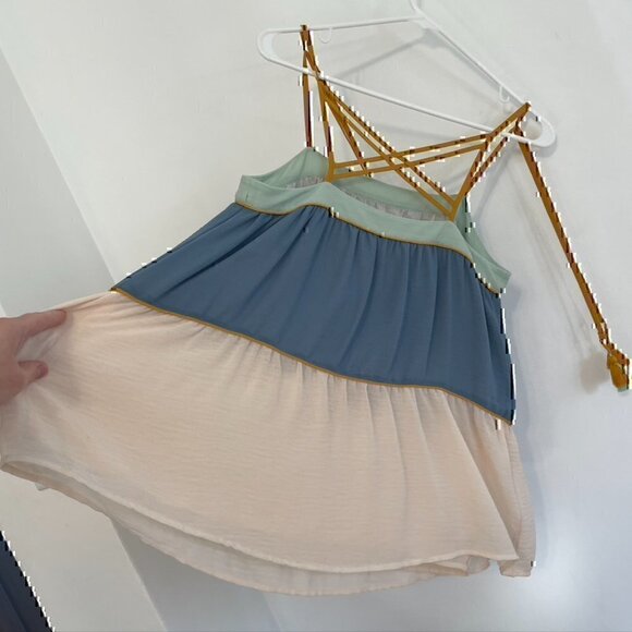 ANN TAYLOR LOFT Poolside Peplum Cami Cream Beige Blue Tassel Strappy Tank Blouse - Picture 12 of 12